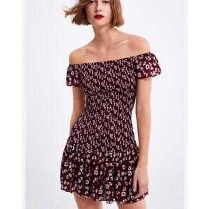 Zara Maroon Smocked Floral Cottagecore Off Shoulder Mini Dress Sz XS